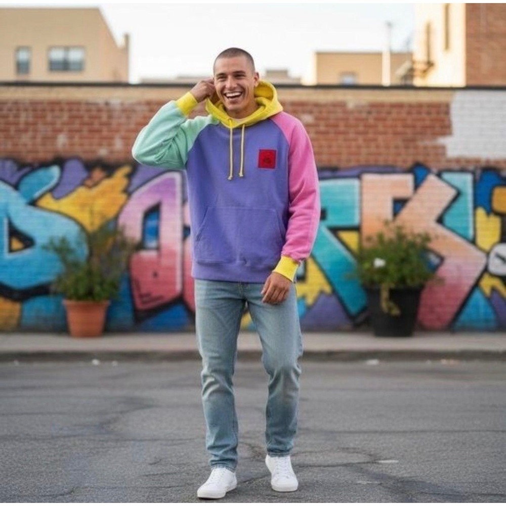 Teddy Fresh Colorblock Hoodie Purple Pink Yellow Size S Mens Skater Kidcore